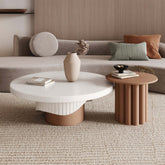 Set of two round coffee tables with fluted base in white and walnut finish main product image